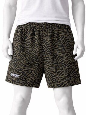 PLEASURES | Breaker Fuzzy Stripe Animal Print Green Shorts in Size Large